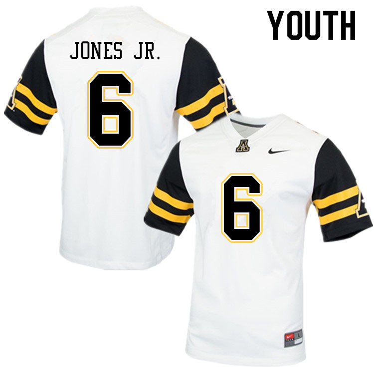 Youth #6 Steven Jones Jr. Appalachian State Mountaineers College Football Jerseys Sale-White - Click Image to Close